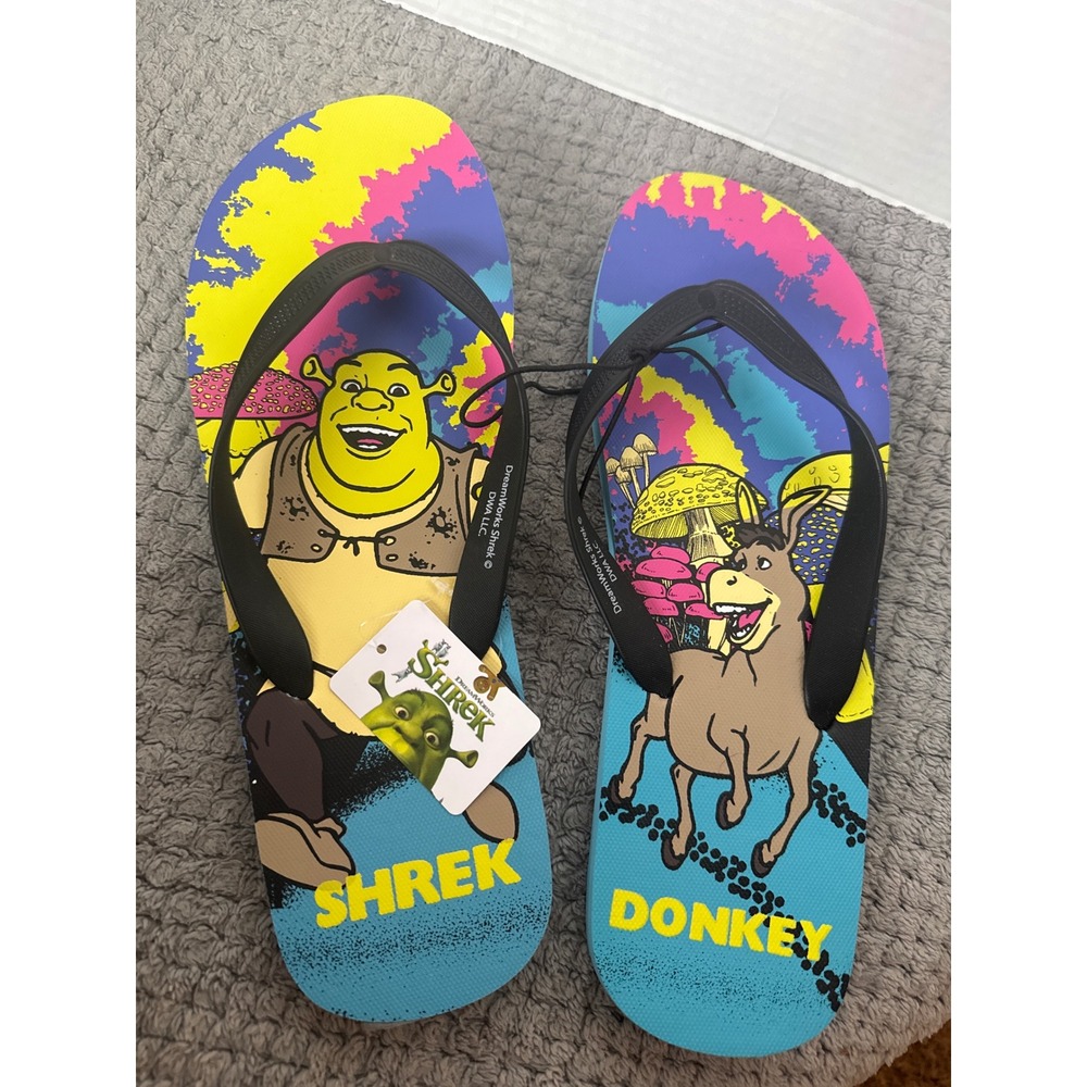 Bioworld DreamWorks Shrek and Donkey Mens Flip Flop Sandals Multi Color New